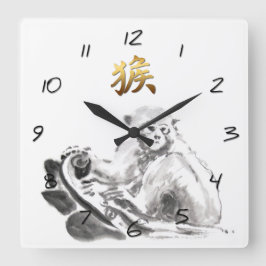 Chinesische Affe-Jahr-Tierkreis-Goldsymbol-Wanduhr Quadratische Wanduhr