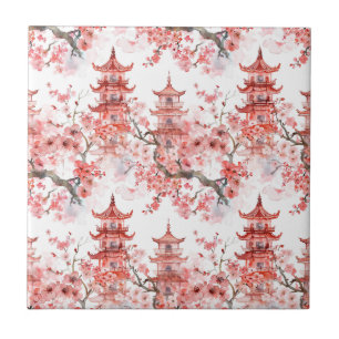 Chinesische Aquarellpagode mit Kirschblüten (3) Fliese