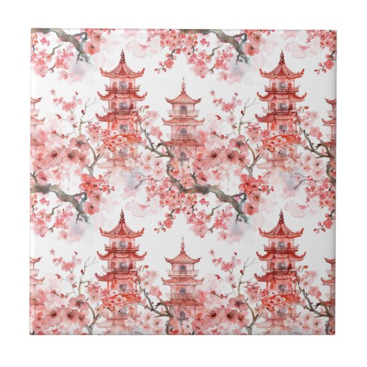 Chinesische Aquarellpagode mit Kirschblüten (3) Fliese (Vorderseite)