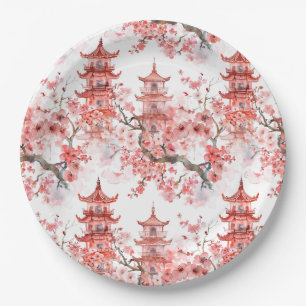 Chinesische Aquarellpagode mit Kirschblüten (3) Pappteller