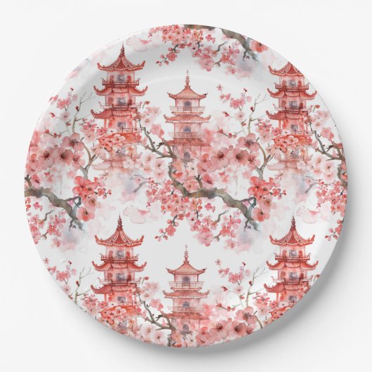 Chinesische Aquarellpagode mit Kirschblüten (3) Pappteller (Vorderseite)