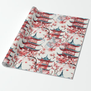 Chinesische Aquarellpagode mit Kirschblüten (8) Geschenkpapier