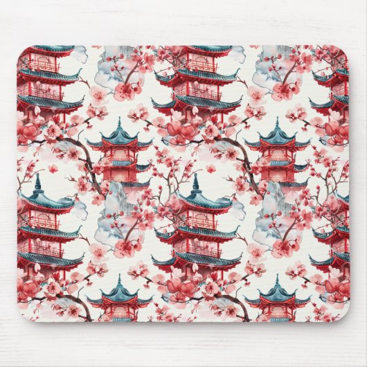 Chinesische Aquarellpagode mit Kirschblüten (8) Mousepad (Vorne)