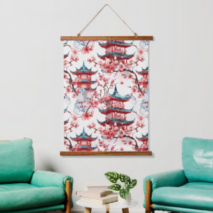Chinesische Aquarellpagode mit Kirschblüten (8) Wandteppich Mit Holzrahmen