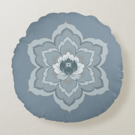 Chinesische Baoxiang-Blume in Misty Blue & Ink Jad Rundes Kissen