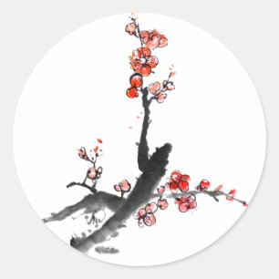 Chinesische Blumenmalerei, Pflaumenblüte Runder Aufkleber