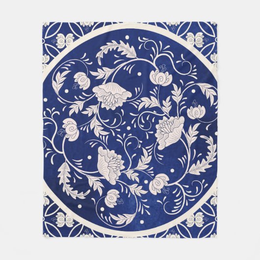 Chinesische Blumenrunde: Vintages blaues Wasser Fleecedecke (Vorderseite)