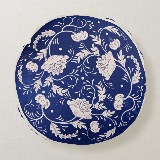 Chinesische Blumenrunde: Vintages blaues Wasser Rundes Kissen (Vorderseite)