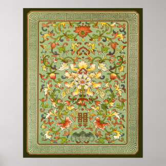 Chinesische Blütenpeony-Skulpturen auf Jade Poster