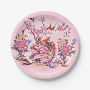 Chinesische Blütenvögel Rosa Chinoiserie Pappteller