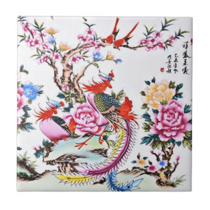 Chinesische Blütenvögel Weiße Chinoiserie Fliese
