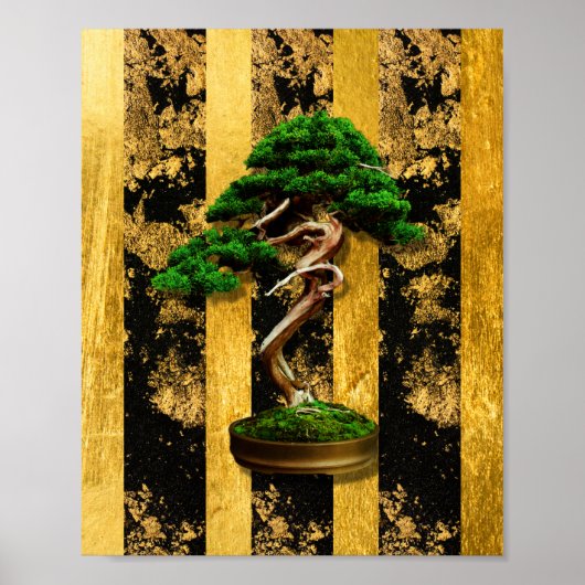 Chinesische Bonsai Tree Green Gold Black Print Poster (Vorne)