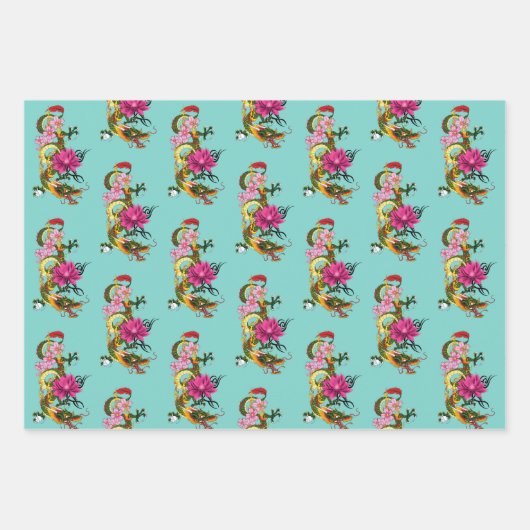 Chinesische Drache Lotus Blume Kirschblüten Geschenkpapier Set (Vorderseite)