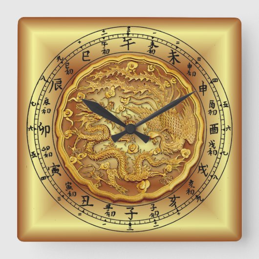 Chinesische Drachenuhr ~ Dragon und Phoenix ~ Quadratische Wanduhr (Vorderseite)
