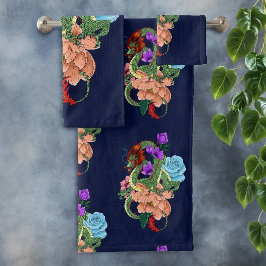Chinesische Dragon Navy Blue Blumen Badhandtuch Set
