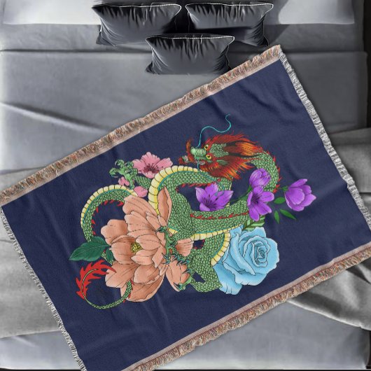 Chinesische Dragon Navy Blue Blumen Decke