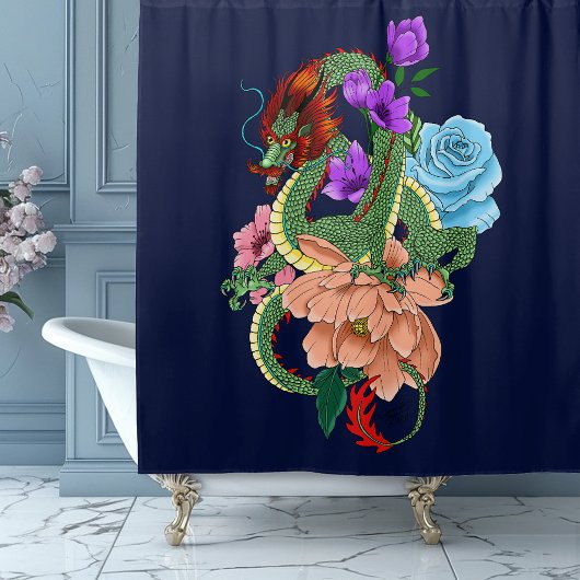 Chinesische Dragon Navy Blue Blumen Duschvorhang