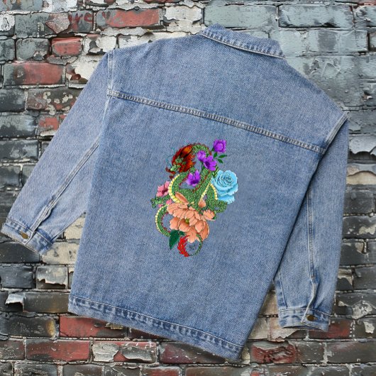Chinesische Dragon Navy Blue Blumen Jeansjacke