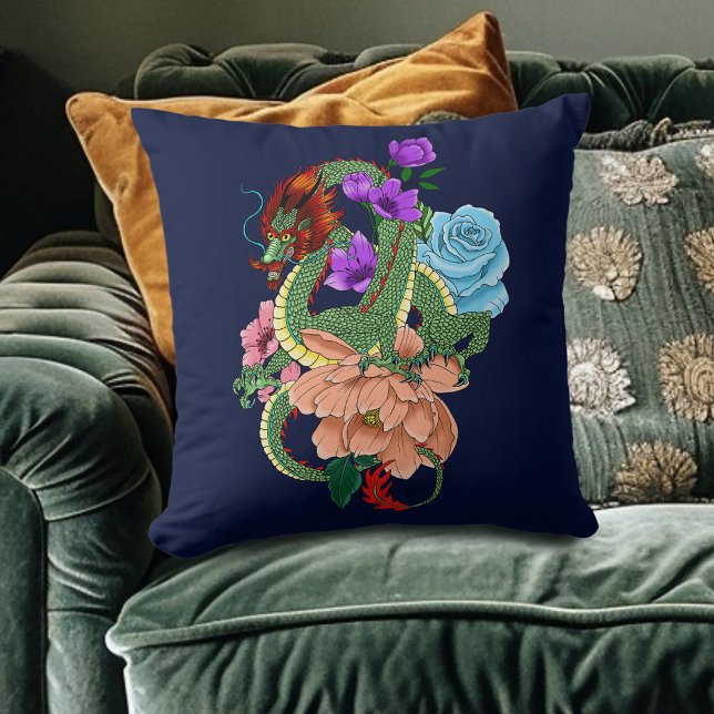 Chinesische Dragon Navy Blue Blumen Kissen (Von Creator hochgeladen)