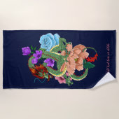 Chinesische Dragon Navy Blue Blumen Strandtuch (Vorderseite)