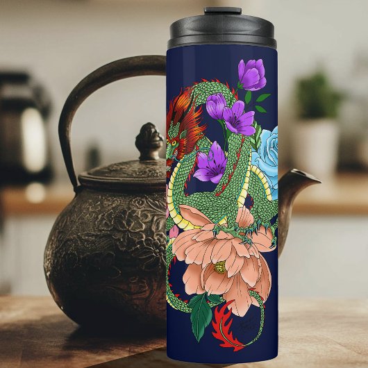 Chinesische Dragon Navy Blue Blumen Thermosbecher