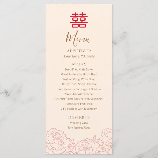 Chinesische Elegante Double Happiness Peonies Wedd Menükarte (Vorderseite)