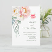 Chinesische Elegante Peony Double Happiness Hochze Einladung (Stehend Vorderseite)