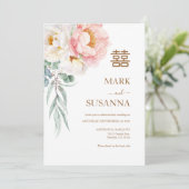 Chinesische Elegante Peony Double Happiness Hochze Einladung (Stehend Vorderseite)