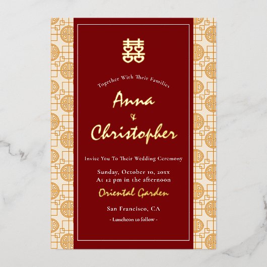 Chinesische Hochzeit auspicious zweisprachigen Per Folieneinladung (Vorderseite)