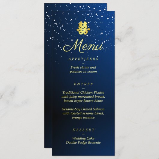 Chinesische Hochzeit blaue Schneeflocken Sternenna Menükarte (Vorne/Hinten)