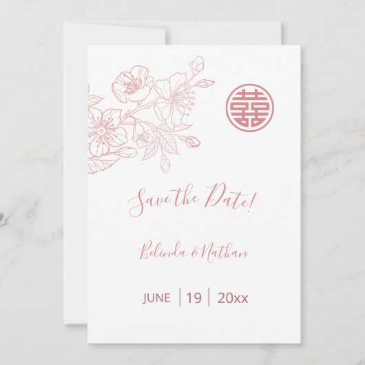 Chinesische Hochzeit Blush Pink Bloral Save The Date (Vorderseite)