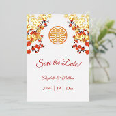 Chinesische Hochzeit doppeltes Glück Cherry Blosso Folieneinladung (Stehend vorne)