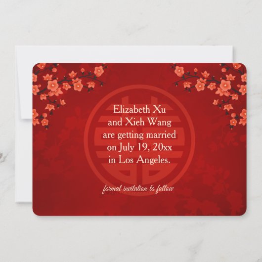 Chinesische Hochzeit doppeltes Glück Cherry Blosso Save The Date (Rückseite)