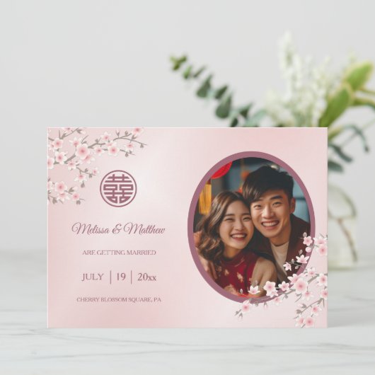 Chinesische Hochzeit doppeltes Glück Cherry Blosso Save The Date (Stehend Vorderseite)