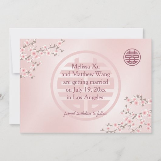 Chinesische Hochzeit doppeltes Glück Cherry Blosso Save The Date (Rückseite)