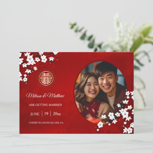 Chinesische Hochzeit doppeltes Glück Cherry Blosso Save The Date (Stehend Vorderseite)