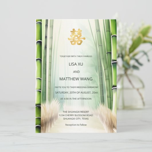 Chinesische Hochzeit im Bamboo-Wald Einladung (Stehend Vorderseite)