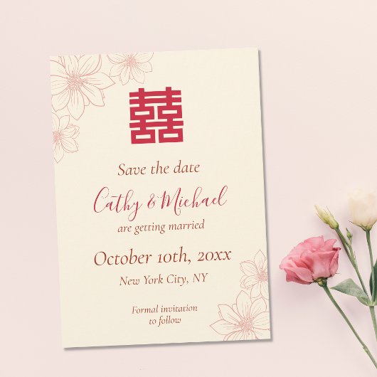 Chinesische Hochzeit in beige und roter Farbe Save The Date