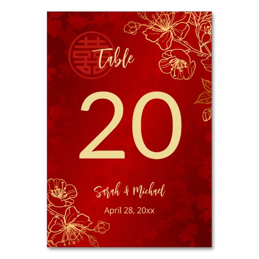 Chinesische Hochzeit mit Blumengold Tischnummer (Rückseite)