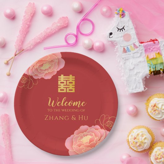 Chinesische Hochzeit mit edlem Gold Peony Pappteller (Party)
