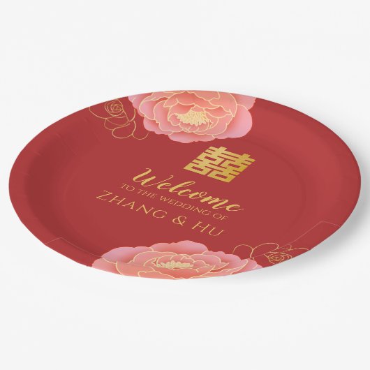 Chinesische Hochzeit mit edlem Gold Peony Pappteller (Schrägansicht)