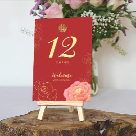 Chinesische Hochzeit mit edlem Gold Peony Tischnummer