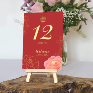 Chinesische Hochzeit mit edlem Gold Peony Tischnummer