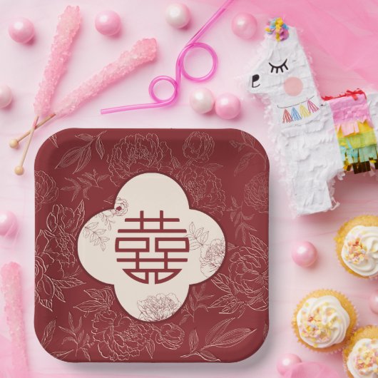 Chinesische Hochzeit mit floralem doppeltem Glück Pappteller (Party)