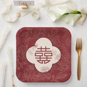 Chinesische Hochzeit mit floralem doppeltem Glück Pappteller