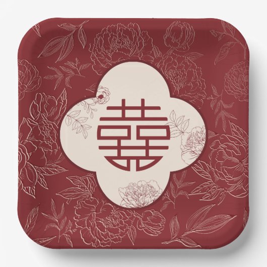 Chinesische Hochzeit mit floralem doppeltem Glück Pappteller (Vorderseite)
