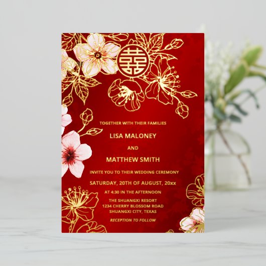 Chinesische Hochzeit mit Red Gold Cherry Blossom Folieneinladung (Stehend vorne)