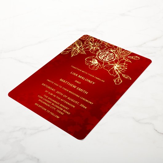 Chinesische Hochzeit mit Red Gold Cherry Blossom Folieneinladung (Gedreht)