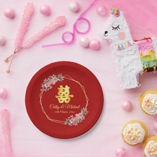 Chinesische Hochzeit mit rotem goldenem geometrisc Pappteller (Party)