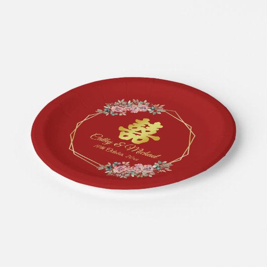Chinesische Hochzeit mit rotem goldenem geometrisc Pappteller (Schrägansicht)